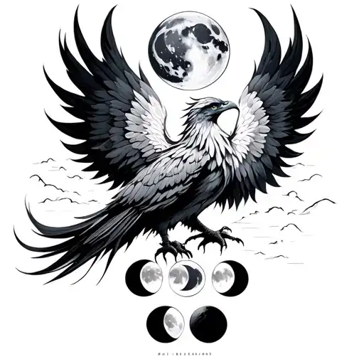 phoenix drawing with moon phases going vertical tattoo design idea
