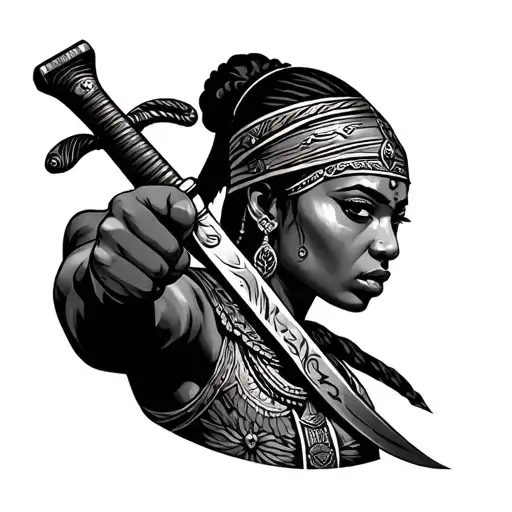 powerful Nubian warrior pointing a machete with a female face tattoo design idea
