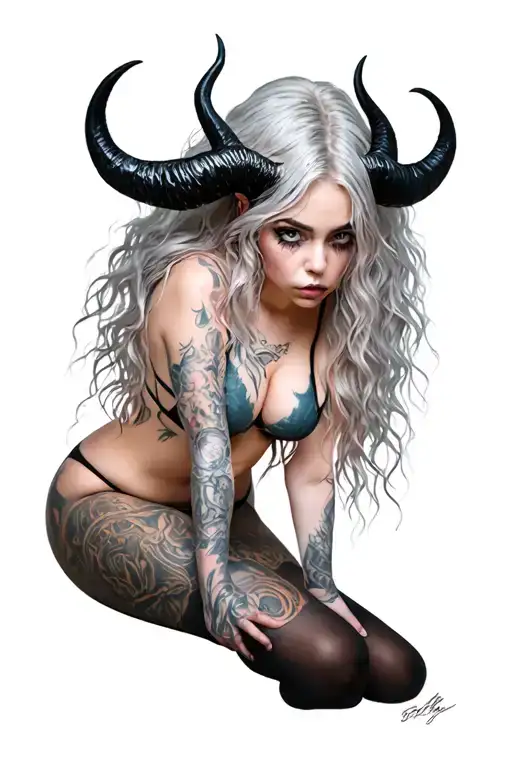 Sexy Pale Girl, Petite, Big Boobs, Wide Hips, G-string. Messy Hair, Demonic Horns, Sexual full body tattoo design idea