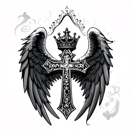 angel wings cross and crown surrounded tattoo design idea