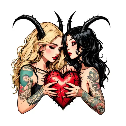 black thorny heart being held by a blonde with horns and a beautiful girl with black hair no horns with tattoos tattoo design idea