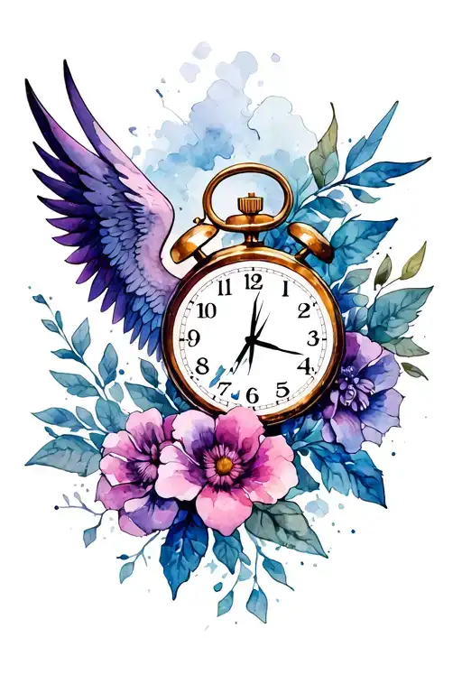 Good and bad angel devil, flowers, broken stopwatch tattoo design idea