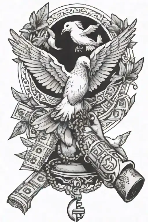 praying hands holding rosary and money with doves flying off  tattoo design idea