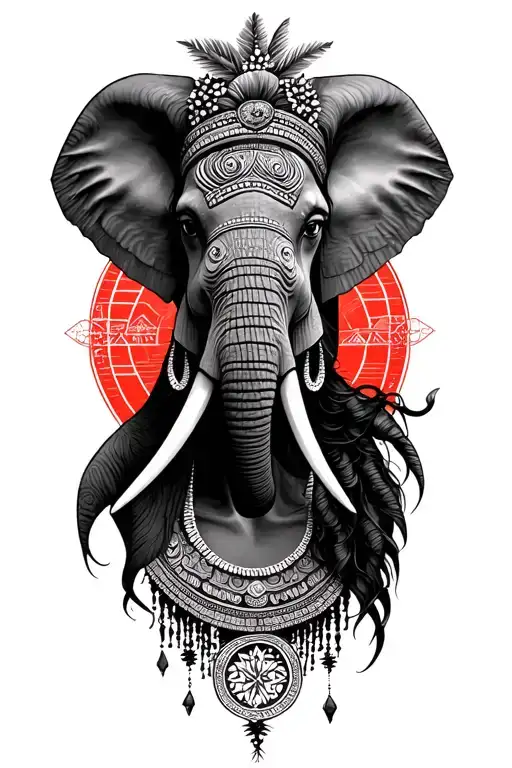 african queen, elephant in background African tree of life, pyramid in background slight red hue tattoo design idea