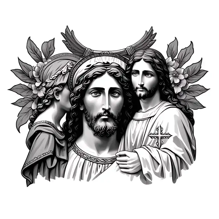 San Judas on left chest Virgin Mary in middle of chest and jesus on the right chest tattoo design idea
