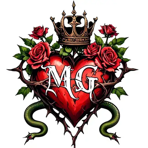"M G" Gothic-style heart entangled with thorns, topped with a crown, four roses, and two angry snakes with Gothic-style letter tattoo design idea