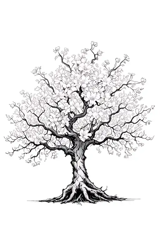 black and white big and wide poison tree growing tiny flowers on random branches because its vominf back to life tattoo design idea