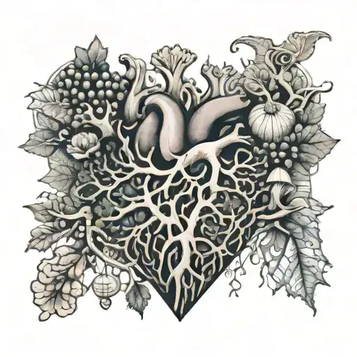 organ heart shaped with grapes, sea shells, corals, tree roots, tree vines and thorns tattoo design idea