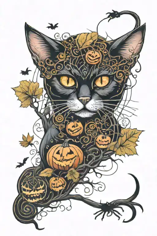Halloween scene incorporating a black cat, jackolanterns glowing, colourful leaves, spiderwebs, and magic spell sparkle tattoo design idea