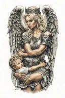sexy blonde female angel warrior holding baby tattoo design idea
