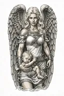 sexy blonde female angel warrior holding baby tattoo design idea