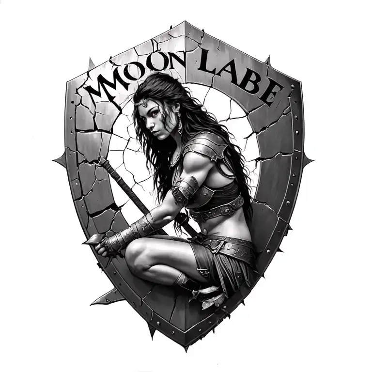 black and white spartin woman warrior sitting on a cracked battle shield  inscribed with MOLON LABE tattoo design idea