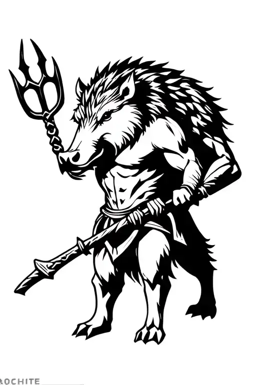 antropomorphic gladiator boar wearing pict attributes (trident and net) tattoo design idea
