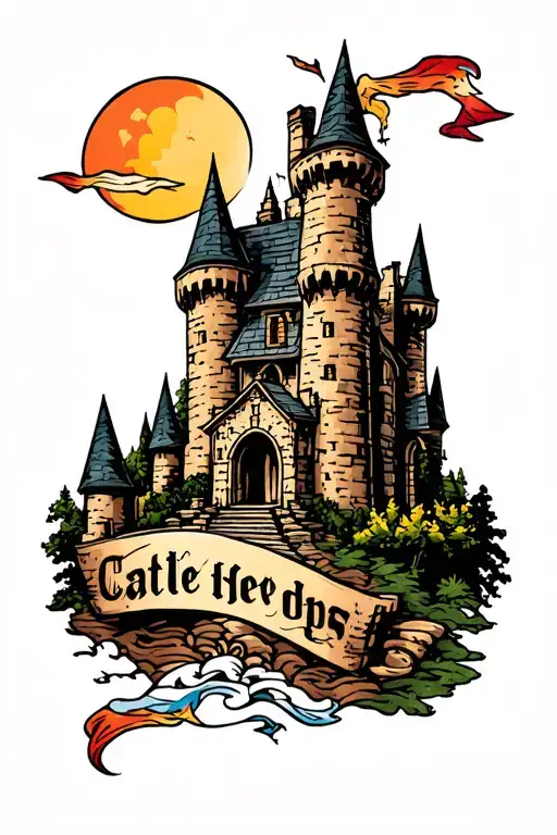 castle ruin tattoo design idea