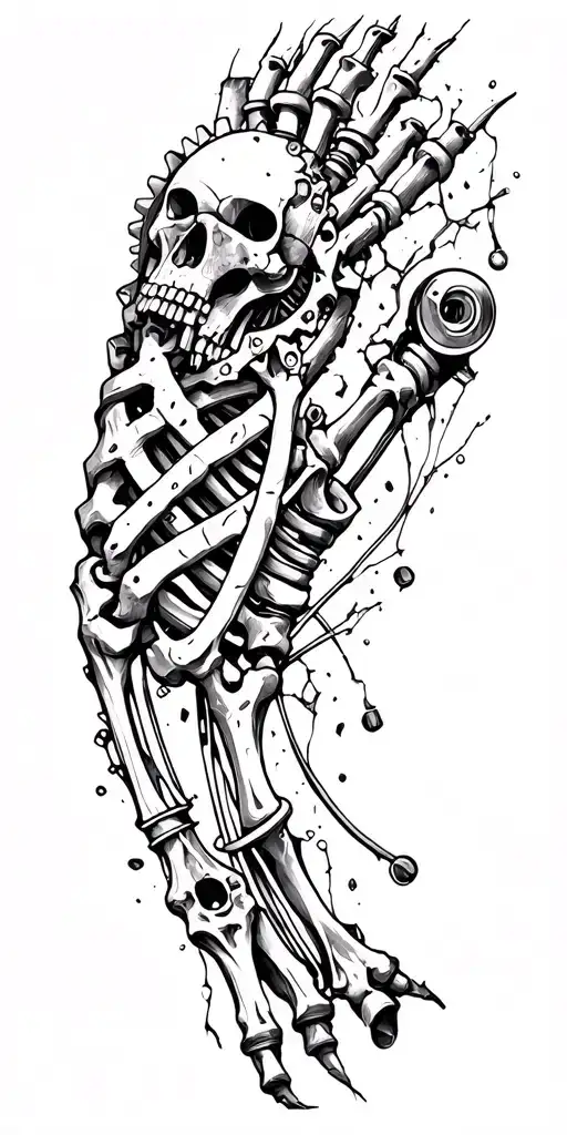 metal parts, gears, pipes, wires, torn skin effect,  realism, black and gray color scheme. Metal arm Bone tattoo design idea