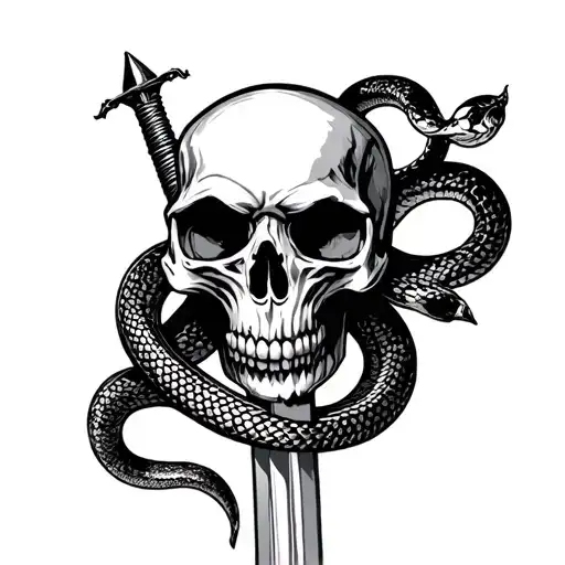 a skull with a sword going through it from the top down. a snake wrapped around the sword  tattoo design idea
