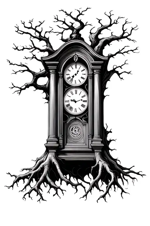 grandfather clock tree roots  tattoo design idea