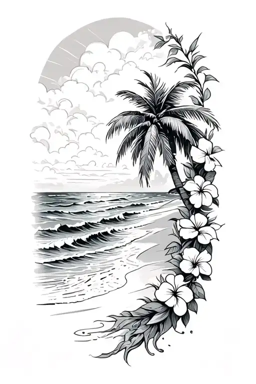 beach with palm tree and ocean waves crashing with hibiscus vine on the right side tattoo design idea