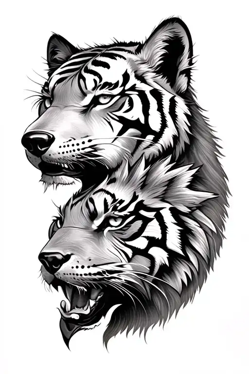 half tiger face and wolf face tattoo design inspired tattoo design idea