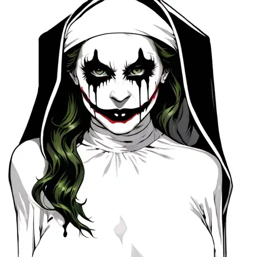 a sexy evil nun with black dripping eye make up joker atyle tattoo design idea
