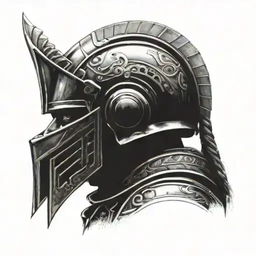 A side-profile portrait of a warrior gazing forward with calm intensity. The warrior’s helmet could have intricate detai tattoo design idea