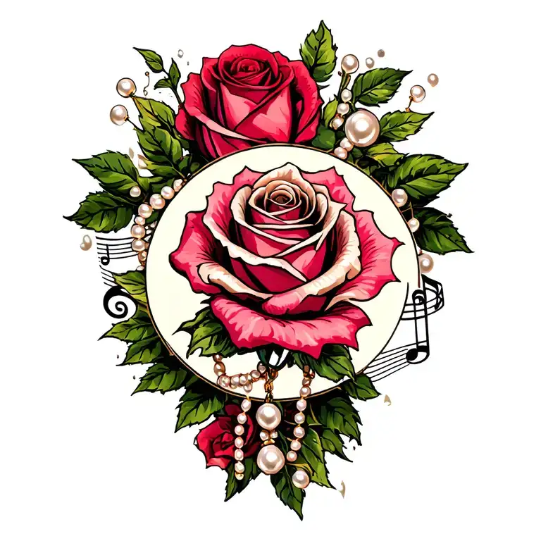 roses, music notes, pearl necklace tattoo design idea