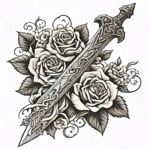Sword with roses growing around the blade, the blade looks like the christian cross,  tattoo design idea