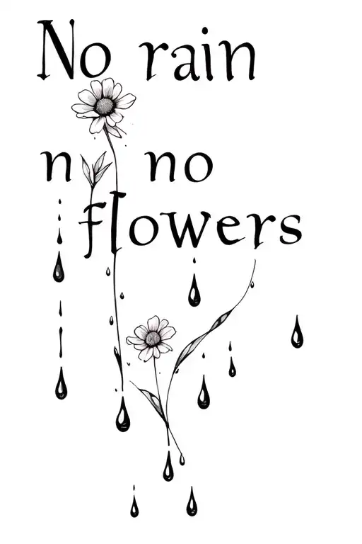 "No rain no flowers" weathered flowers with falling rain drops tattoo design idea