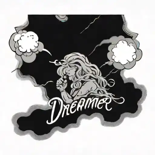 "dreamer" writting with cloud and thunder cloud tattoo design idea
