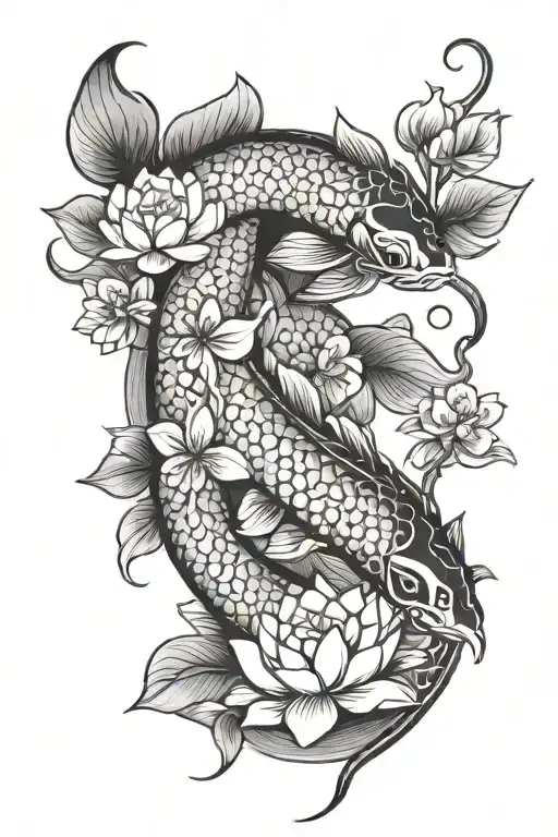 Koi Fish, Snake, Lotus Flower, Cherry Blossom tree tattoo design idea