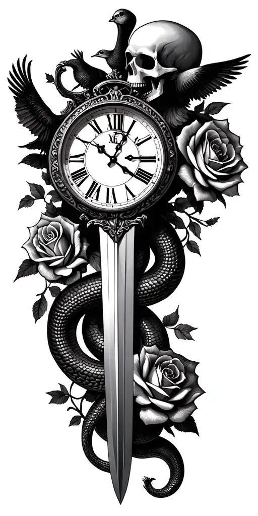 Roman numeral clock, skull,snake,roses,doves,sword tattoo design idea