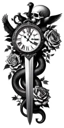 Roman numeral clock, skull,snake,roses,doves,sword tattoo design idea