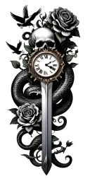 Roman numeral clock, skull,snake,roses,doves,sword tattoo design idea