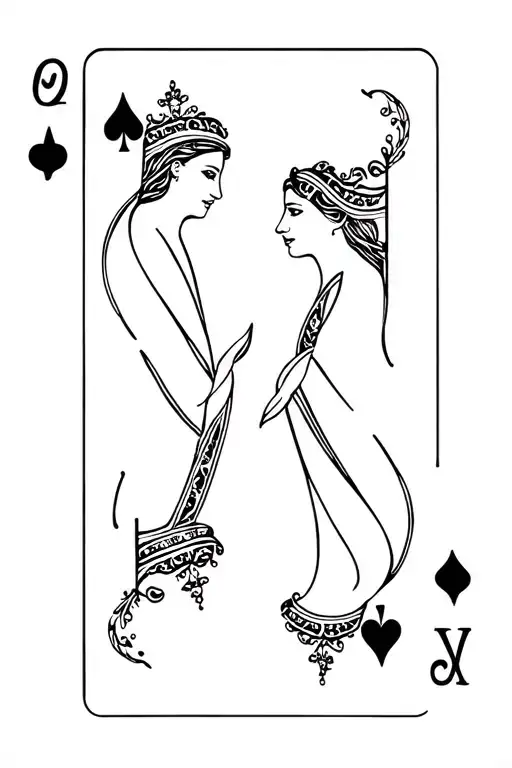 a black plying card with a queen and princess mirroring eachother tattoo design idea