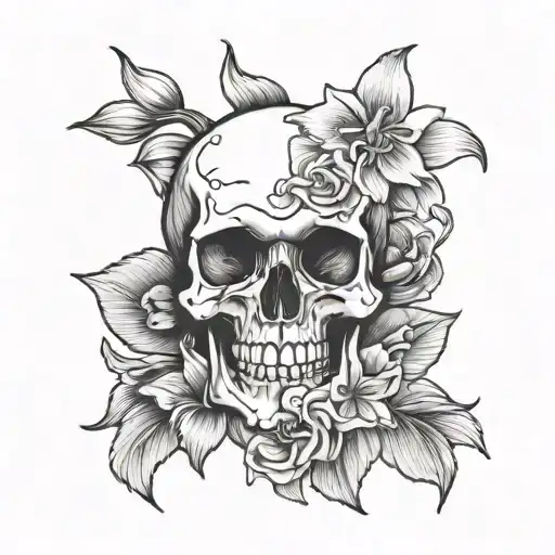 a feminine half a skull with two daffodil flowers and a rose growing tattoo design idea