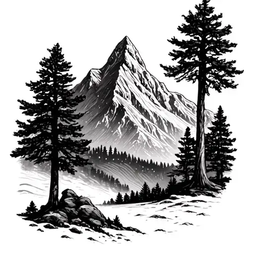 scenic mountain with trees and kids names of Kiley, Aaron, Cayson tattoo design idea