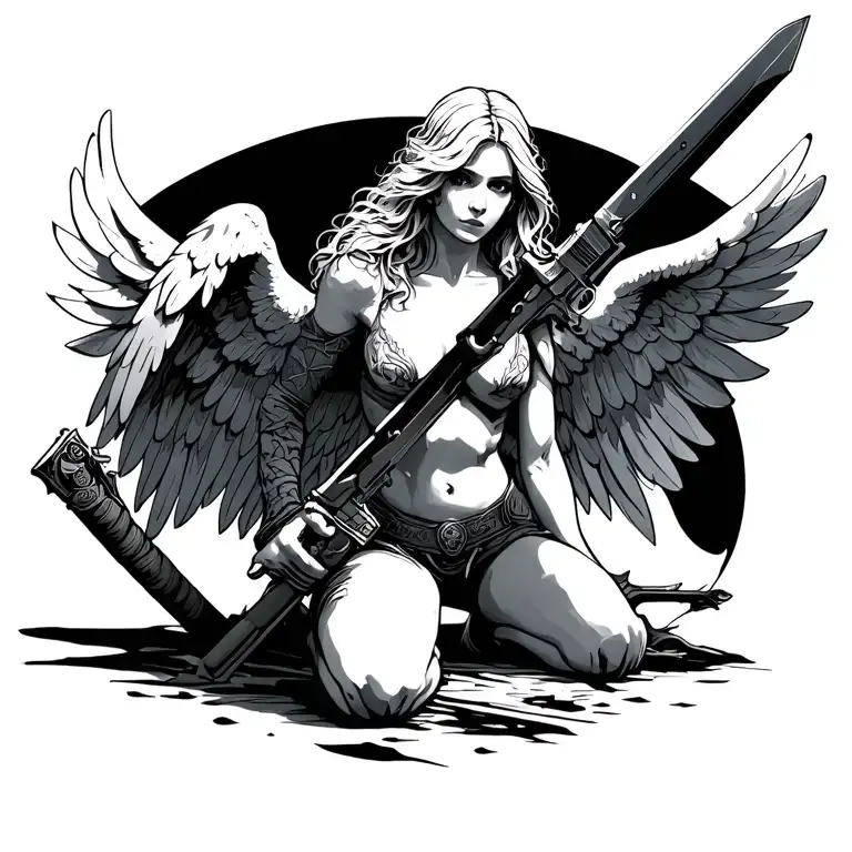 Kneeling angel with sword and gun tattoo design idea