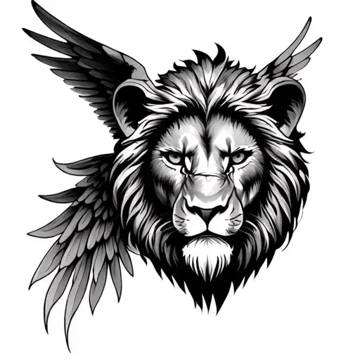 sleeve with an aggressive lion, hamsa eye, angels tattoo design idea