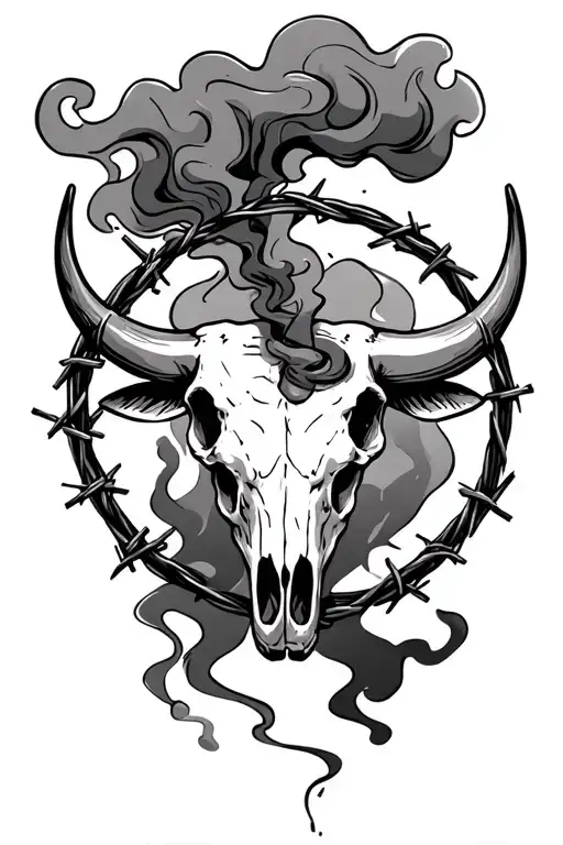 bull skull circled with barbed wire and smoke coming out of its nose tattoo design idea