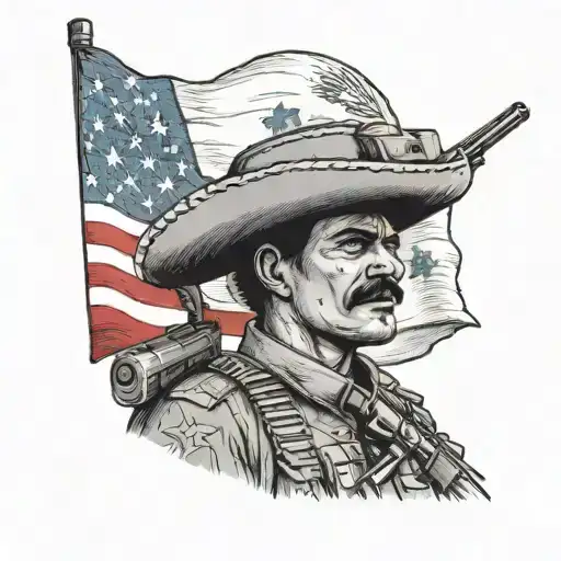 mexican soldier carrying gun in american uniform with Texas flag tattoo design idea