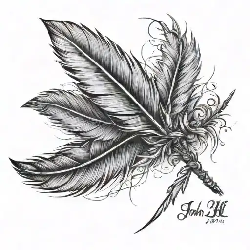 skinny cross feathers falling John III name written tattoo design idea
