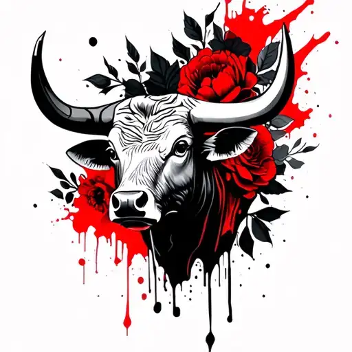 Bull's head, black peonies and leaves in the background tattoo design idea