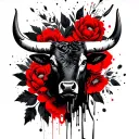 Bull's head, black peonies and leaves in the background tattoo design idea