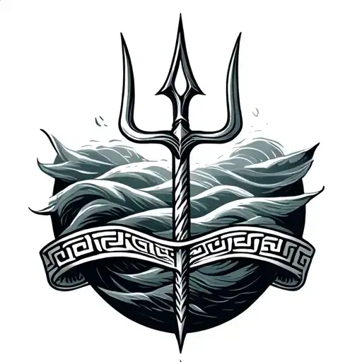 a trident in the middle of an arm band of Greek waves tattoo design idea
