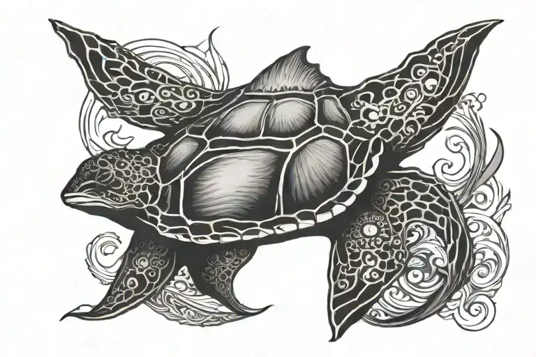 manta ray, sea turtle swimming, fine line tattoo tattoo design idea