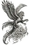 phoenix and lion full arm in black and white with fire tattoo design idea