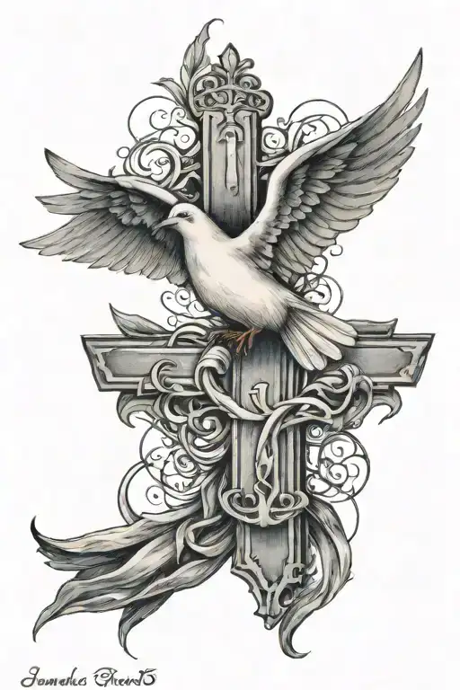 The tattoo I want contains a Dove representing the Holy Spirit at the top and 3 crosses in the middle representing Jesus. tattoo design idea