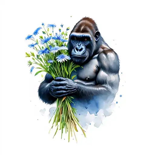 silverback gorilla holding a bouquet of chickory flowers tattoo design idea