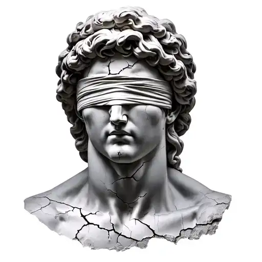 Greek mythology statue blindfolded with cracks tattoo design idea