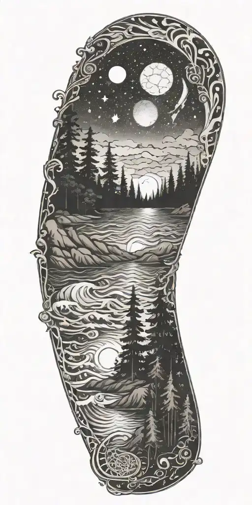 flowing waves, surrounded by a mystical forest scene,subtle elements of sacred geometry and glowing stars and light tattoo design idea